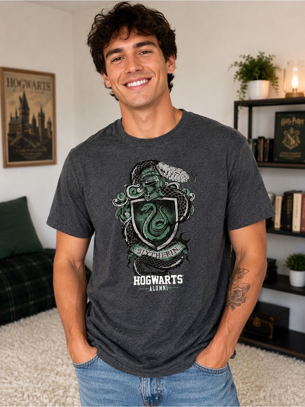 Harry Potter Slytherin Hogwarts Alumni Graphic Tee XL Gray Hybrid Apparel